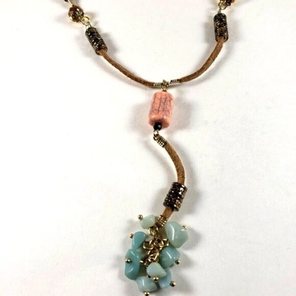 🌟 Gold-Tone Brown Cord Colorful Beaded Necklace w/ Beads Cluster Pendant, Chic - Picture 2 of 12